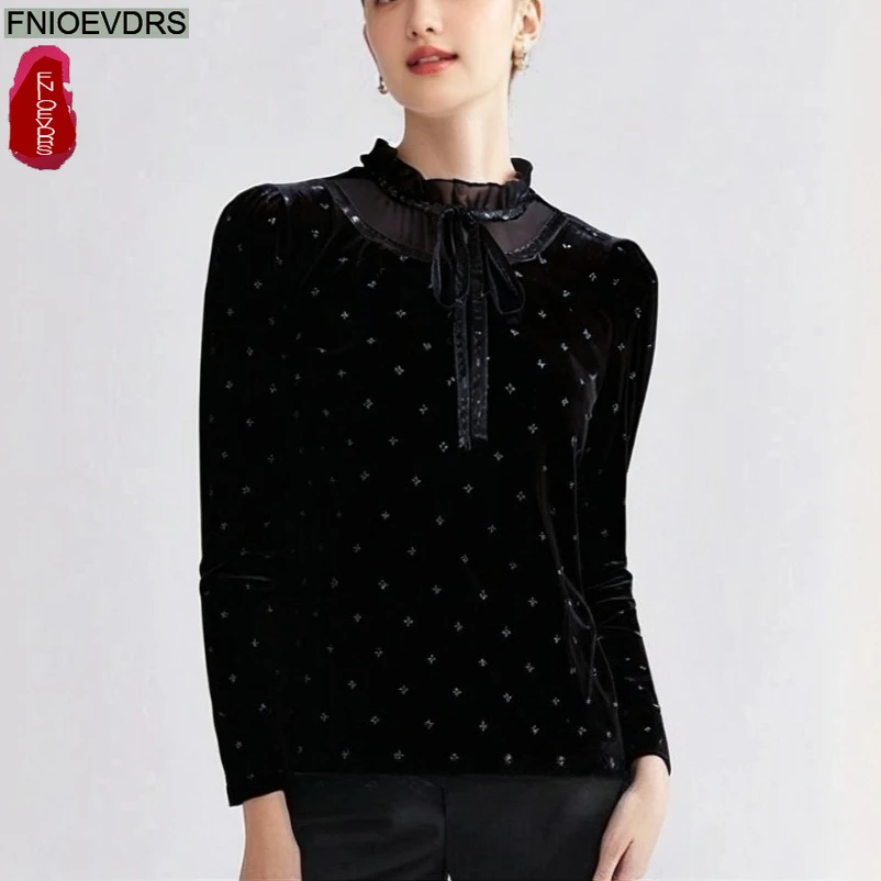 

Черные бархатные топы, блузки, новые модные женские элегантные офисные женские лоскутные черные кружевные топы с галстуком-бабочкой, базовые рубашки на осень-зиму