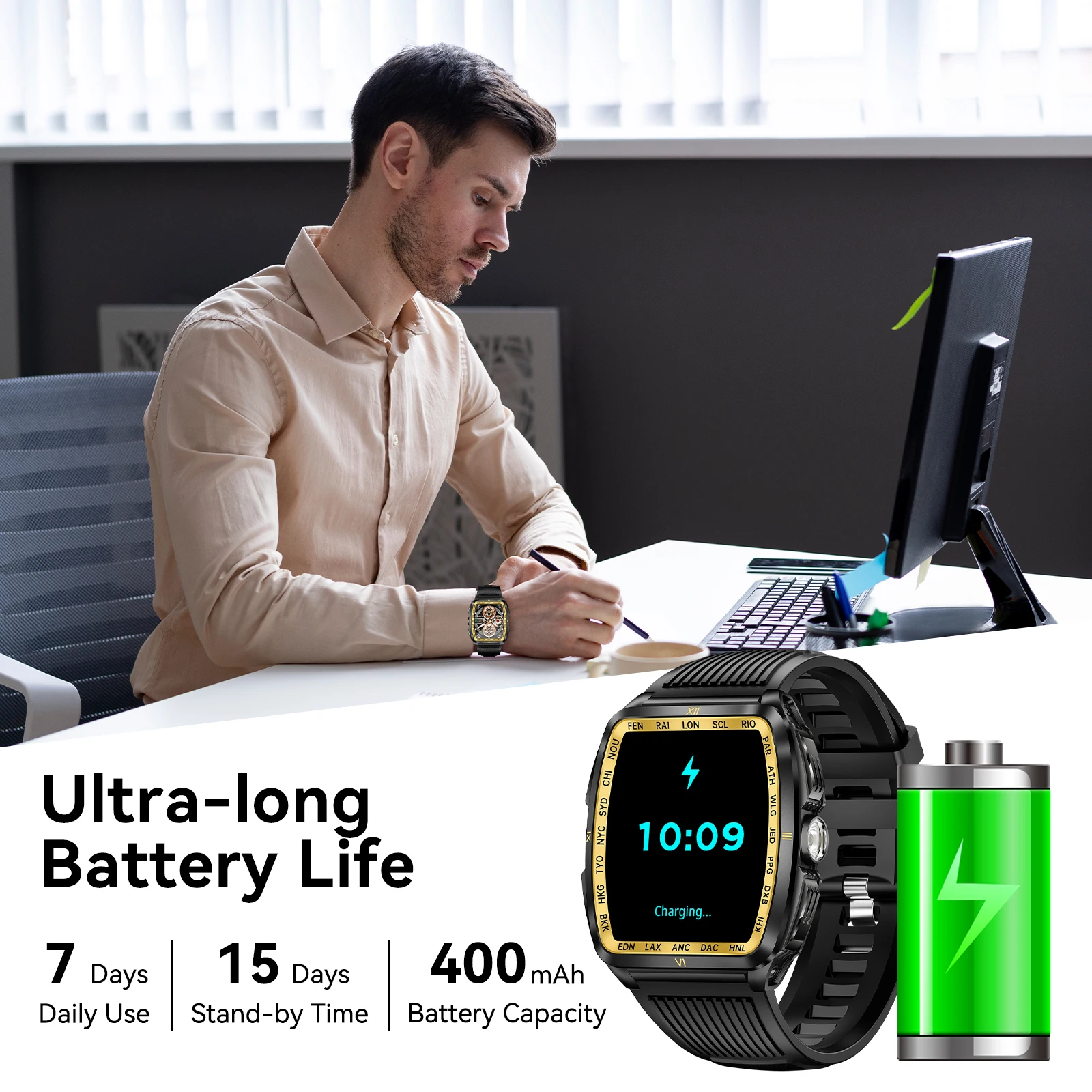 EIGIIS 2025 남성용 스마트워치 LED 플래시라이트 5ATM 방수 1.8인치 대형 화면 견고한 전술 시계 100+ 스포츠 모드