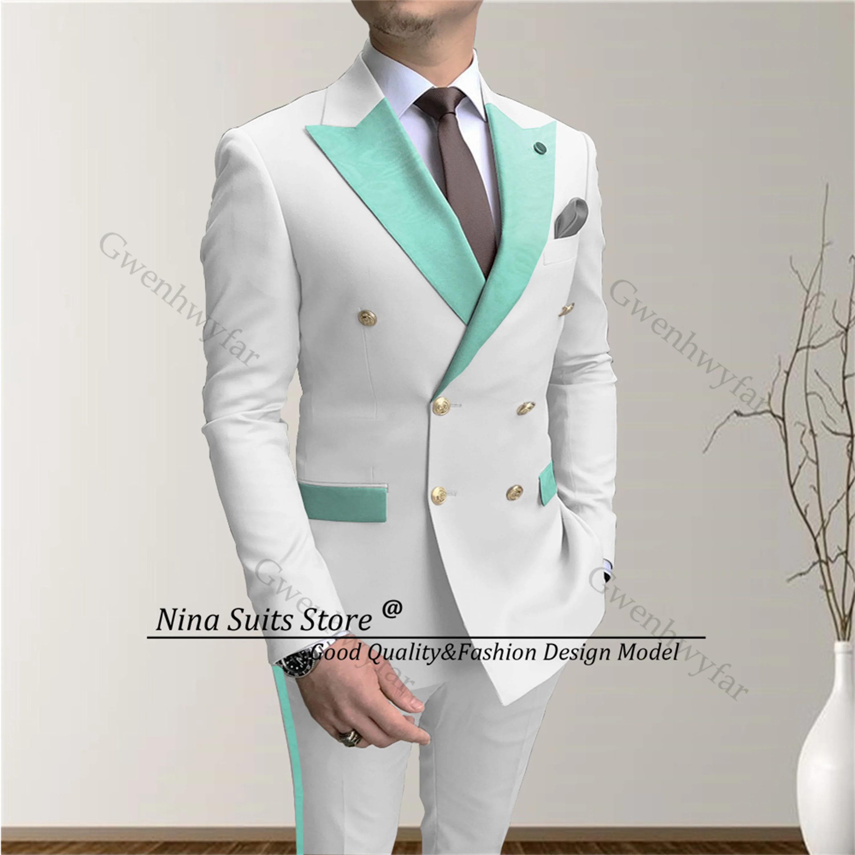 Gwenhwyfar Double Breasted Wedding Suits White for Groomsmen 2025 Mint Black Red Paisley Jacquard Lapel Pocket Flaps Pants Trim