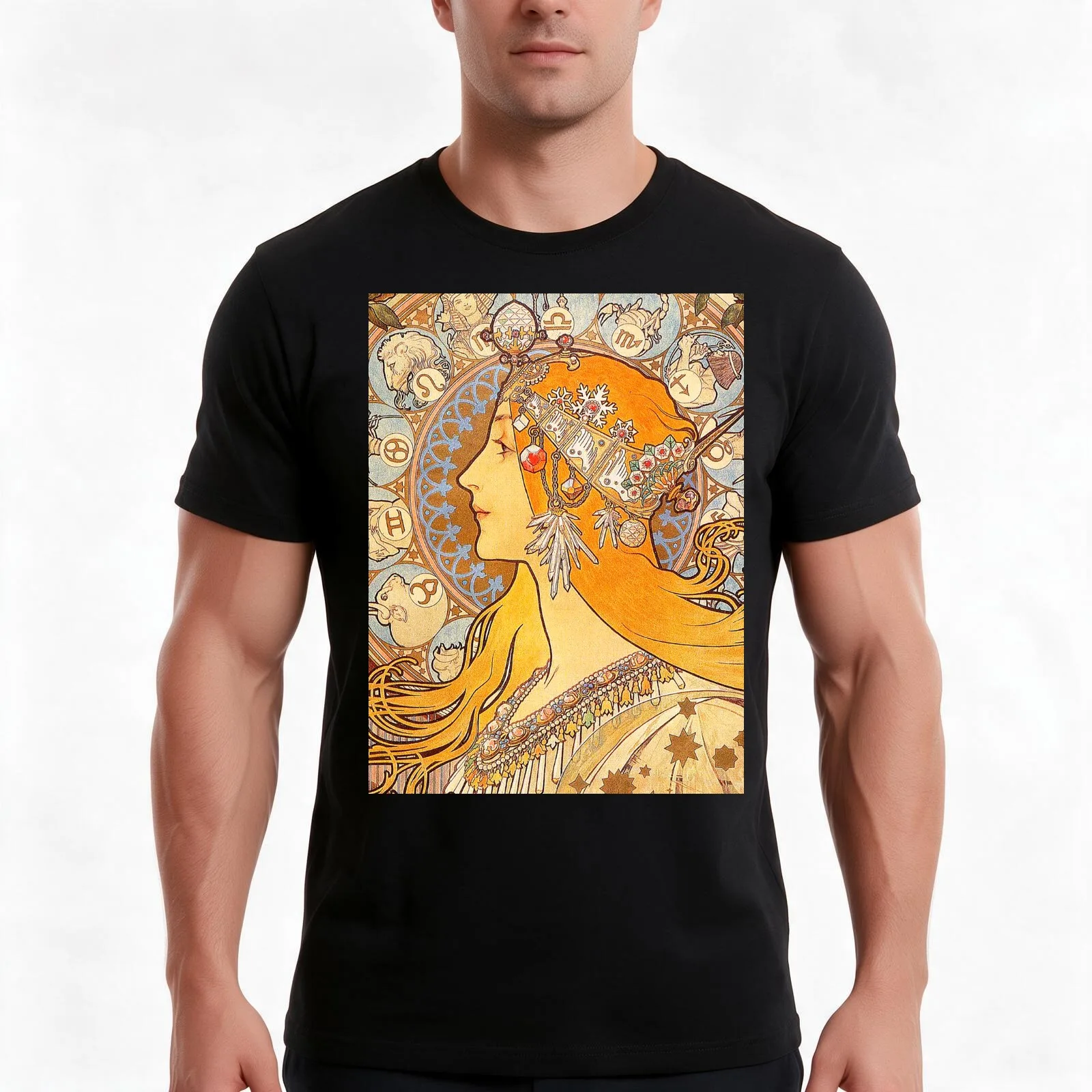 Zodiac (1896) by Alphonse Maria Mucha T-Shirt, Summer Casual Cotton Tee, Oversized Streetwear Tops, Vintage Graphic Print