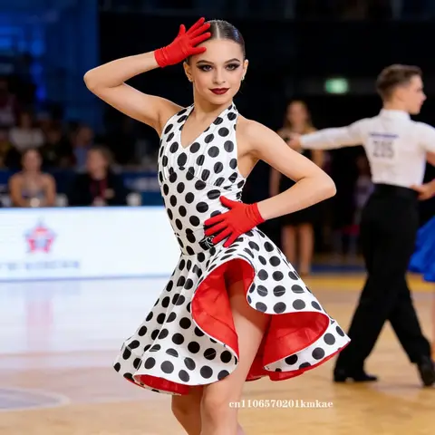 Teenager Latin Dance Dress for Girls' Polka Dot Performance Costumes Professional Latin Dance Performance Costumes Large Skirts