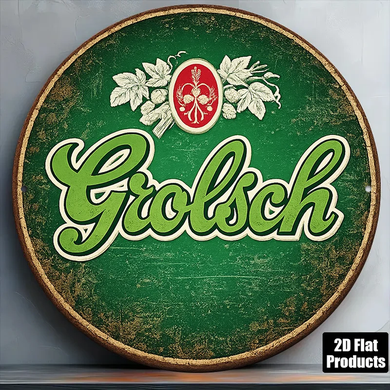 2D Flat, 1pc 8x8in/20x20cm 2D Flat Round Aluminum Sign, Vintage Aluminum Plaque About Grolsch Beer, Grolsch Beer Logo Decorative
