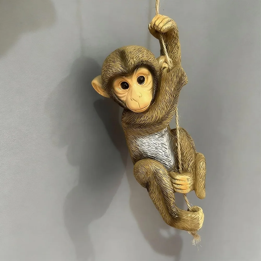 Resin Hanging Monkey Statue Jute Rope Included Weather-Resistant Garden Monkey Statue Beige Lifelike Design Tree Hanging Decor