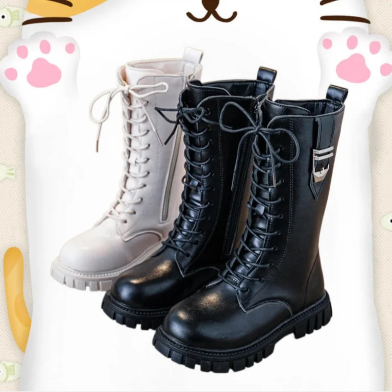 

*Autumn Winter Round Toe Thick Soled Lace Up Comfortable Children's Boots, Mid Tube Girls' Elegant Zipper Casual Fashion Boots