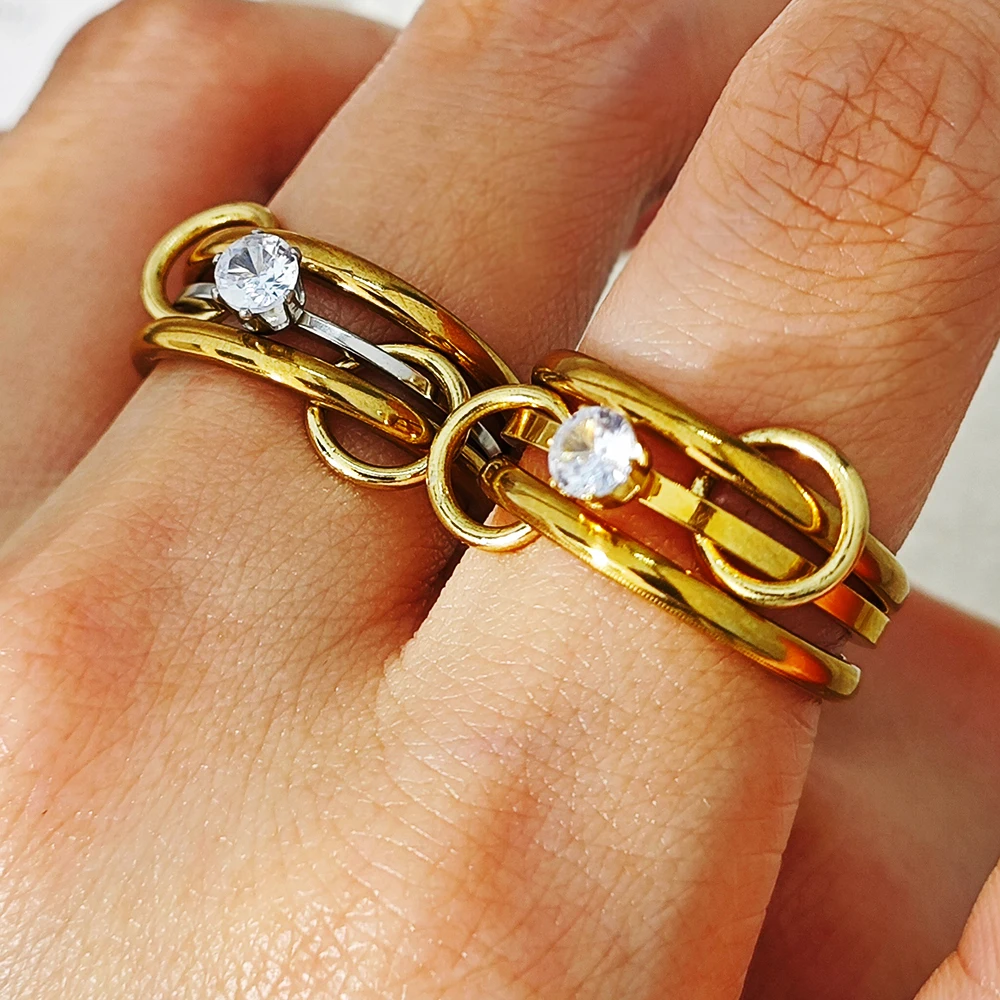 Trendy Spinelli Rings Set For Women Three Pieces Gold Color Stainless Steel Zircon Stacking Ring Finger Jewelry Engagement Gift