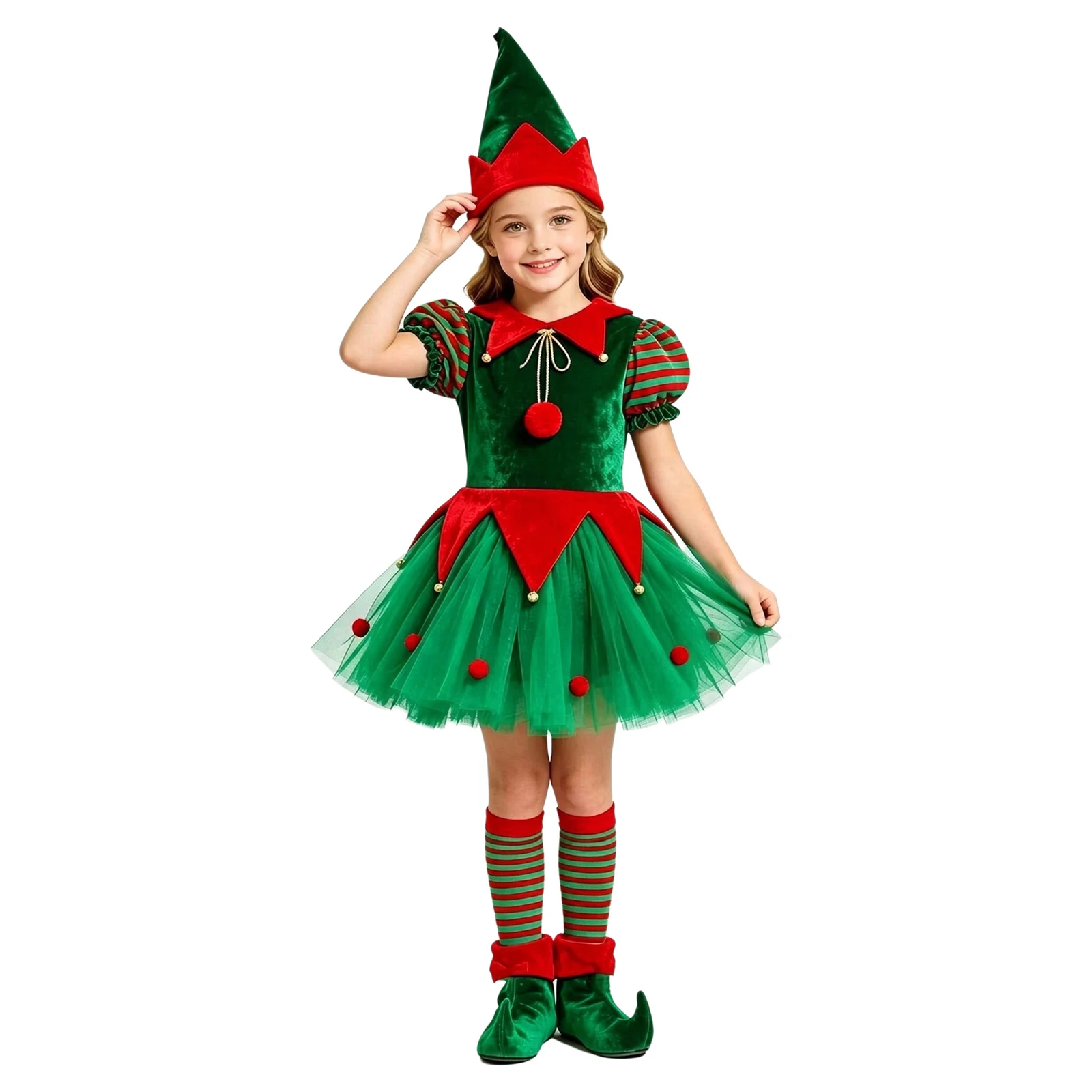 New Year Elf Costume for Kids Girl Christmas Green Santa Claus Suit Puff Sleeves Velvet Bodice Tulle Tutu Dress with Hat Socks