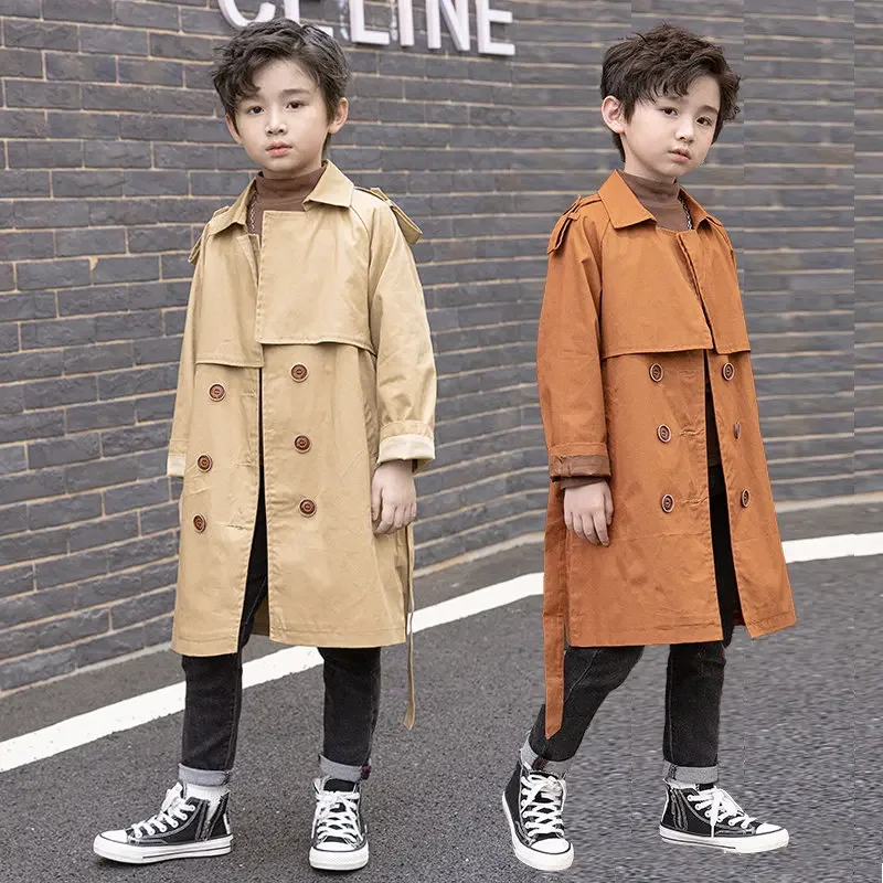 Vintage Trench Coat Baby Boys Windproof Jacket British Double Breasted Windbreaker with Waistbelt Turn-Down Collar Kids Clothes