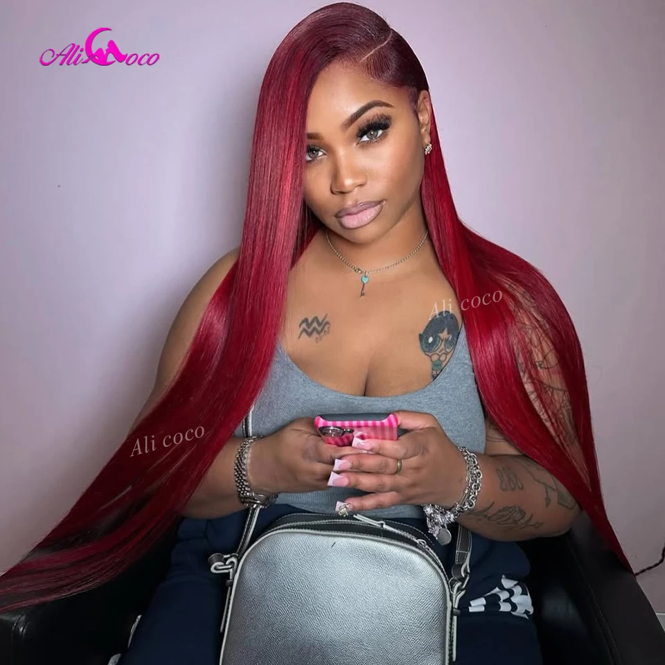 180 الكثافة بورجوندي شعر طبيعي مفرود شعر مستعار مع جذور داكنة 13X6 13x4 الدانتيل شعر مستعار أمامي خصلات الشعر المستعار الإنسان قبل قطعها للنساء