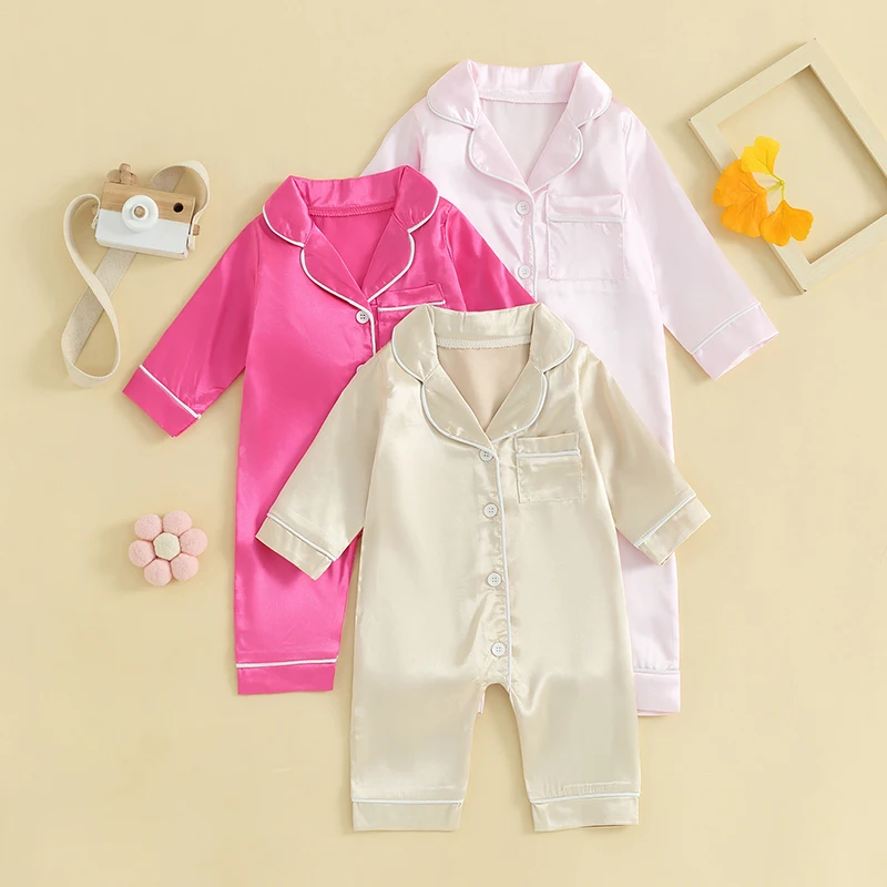 Kids Satin Pajamas Solid Color Button Long Sleeves Rompers Pants for Girls Boys Summer Loungewear Sleepwear