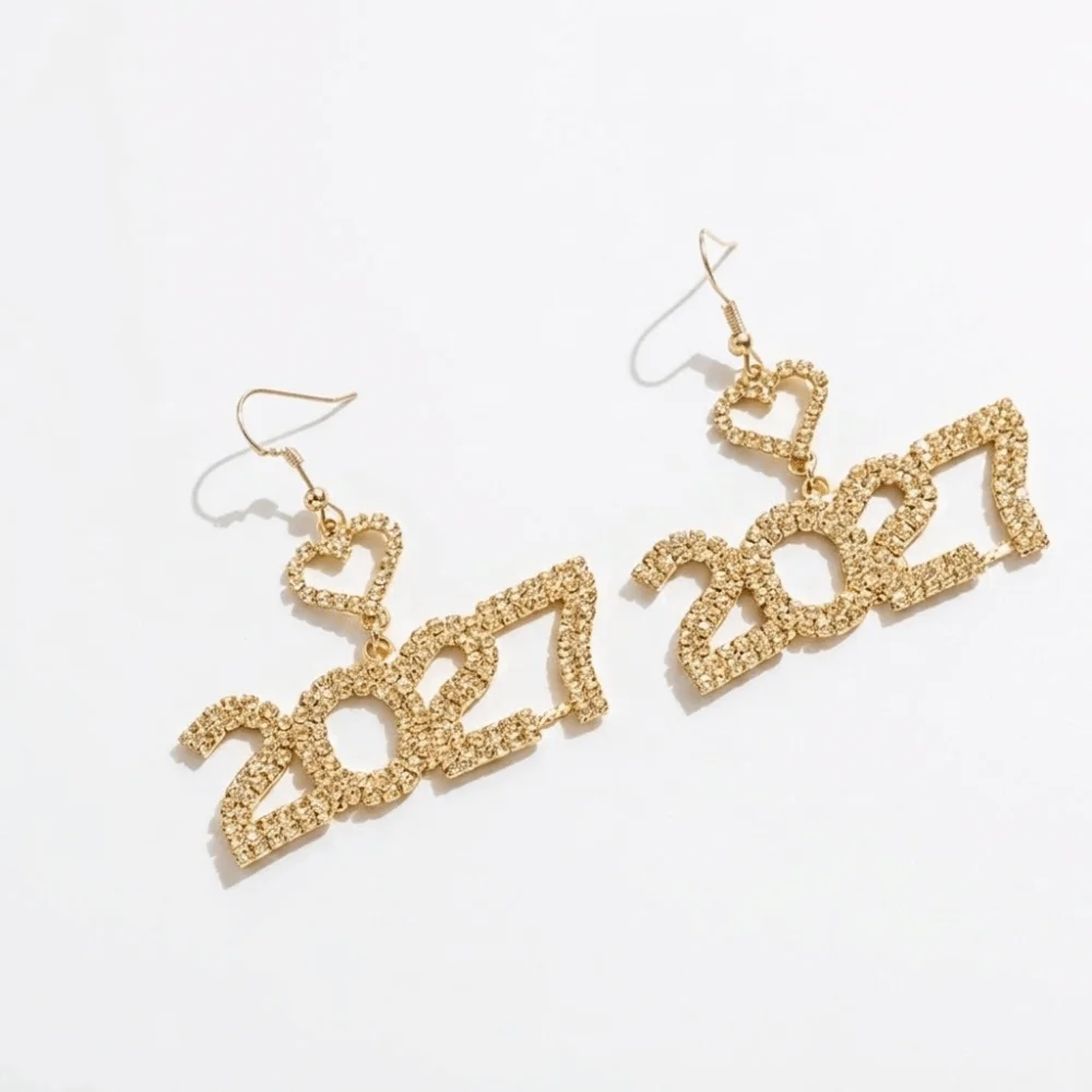 Jewelry Elegant 2027 Digital Earrings Rhinestone Long Drop Happy New Year Earrings Fashion Shiny Stud Earrings Party