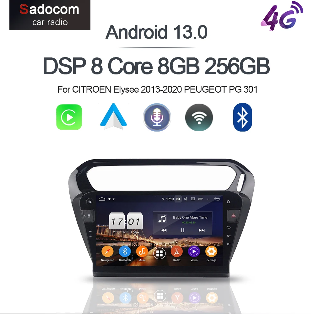 

CarPlay 10.1" DSP Android 13.0 8G+256G 8core Car DVD Player GPS RDS autoradio IPS For CITROEN Elysee 2013-2020 PEUGEOT PG 301