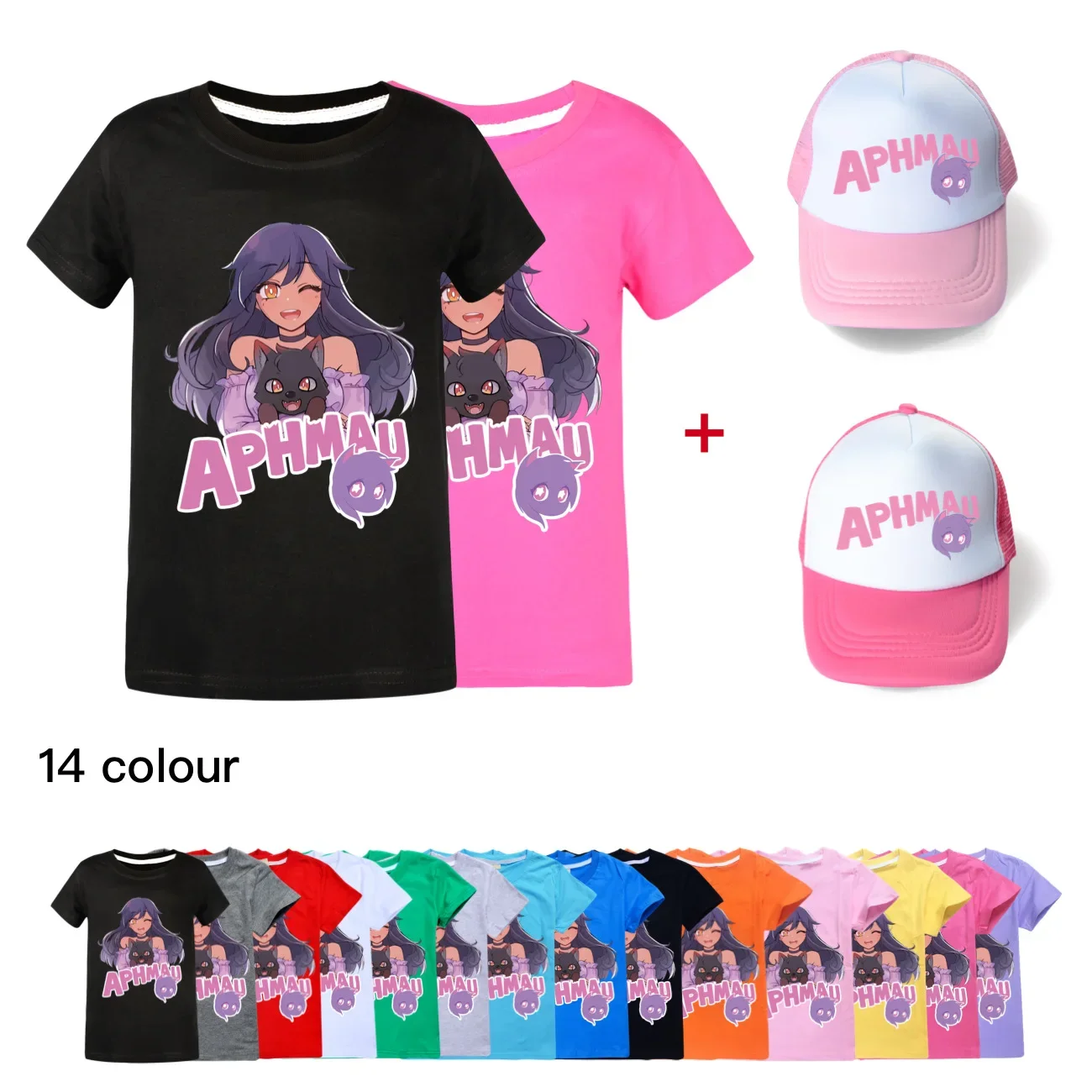 APHMAU-camiseta de manga curta de gato infantil, tops casuais para adolescentes, chapéu de sol de algodão puro para bebês meninas e meninos 2 a 16 anos, roupas de verão 2021