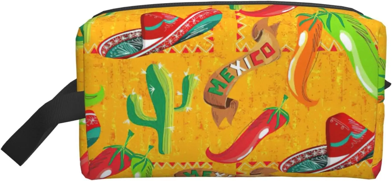 Mexico Style Cactus Hat and Chili Pepper Print Fashionable Travel Storage Bag, Portable Toiletry Bag Large Capacity Organizer