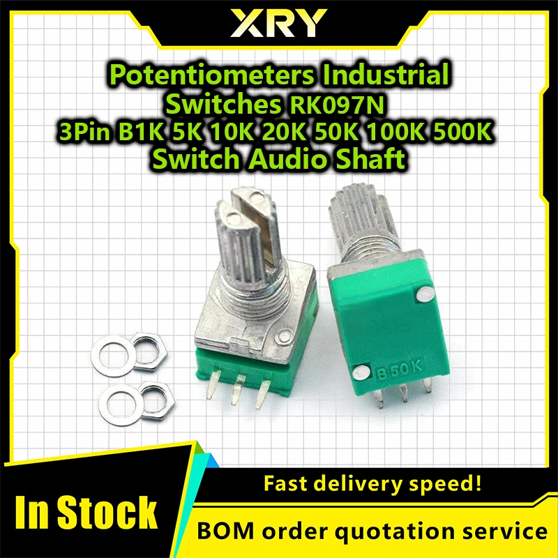 XRY 5Pcs Potentiometers Industrial Switches RK097N 3Pin B1K 5K 10K 20K 50K 100K 500K Switch Audio Shaft 15mm Amplifier Sealing