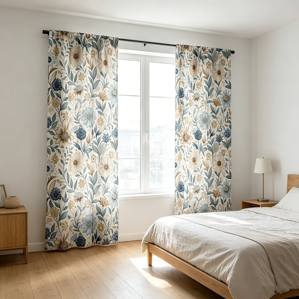 2PCS Digital Printed Curtains, Blue Daisy Ditsy Floral Vintage Cottage, Rod Pocket Window Drapes for Living Room Bedroom Decor
