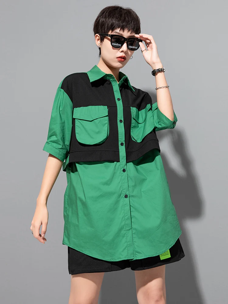 

Summer 2025 Women's Loose Long Shirt Color Block Contrast Street Style Collar Button up Short Sleeve M-6076