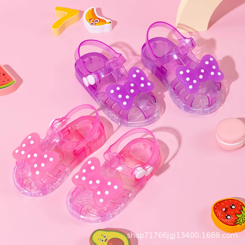 Summer Jelly Girls Closed-Toe Sandals Children Polka Dot Bow Princess Shoes Kids Flip-Flops Beach Shoes Indoor Bathroom Slippers