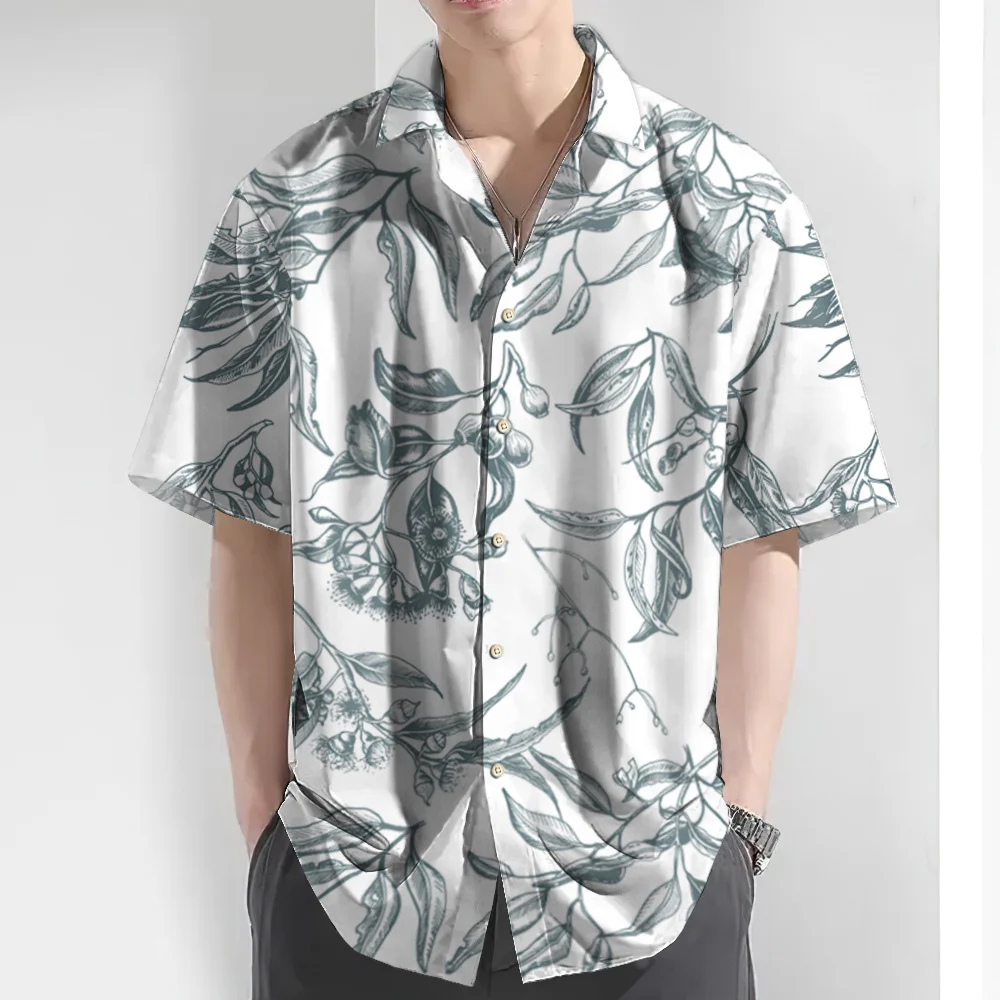 Retro Hand Drawn Sketch Eucalyptus Leaves Flowers Low Saturation Cool Toned Artistic Men's Wide Pine Flower Top