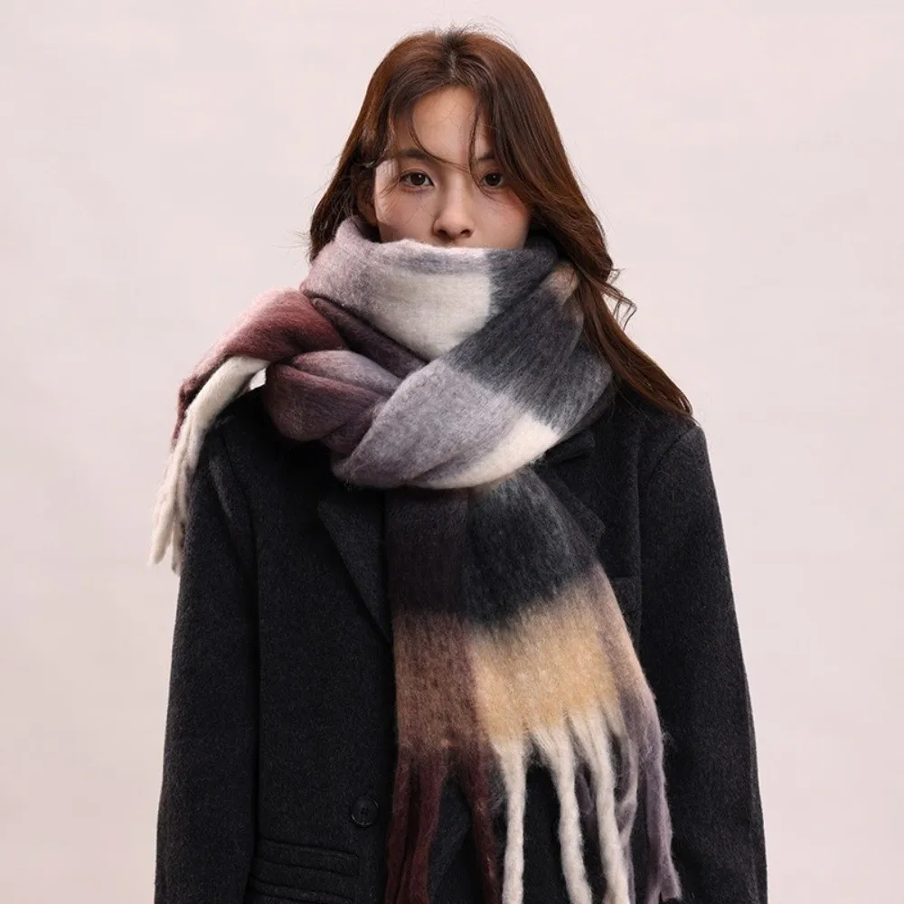 

Neck Wrap Mohair Plaid Wool Scarf Plush Thicken Winter Cashmere Scarves Warm Tassel Long Shawl Women/Men