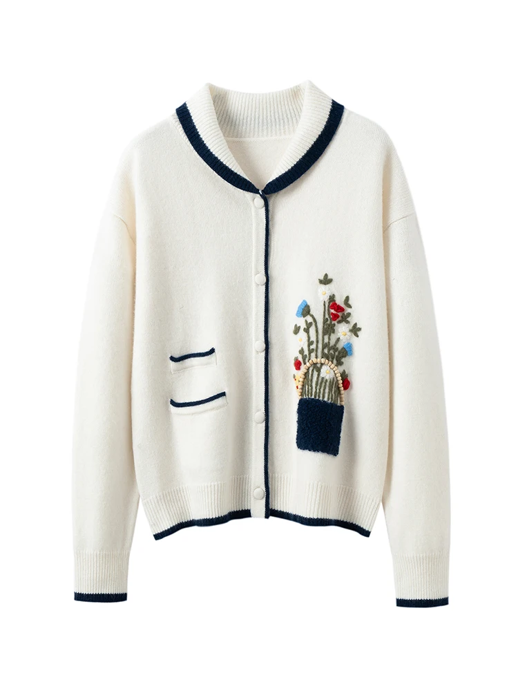 TLOML Women's 100% Cashmere Sweater Heavy Industry Hand Embroidered Flower Basket Cardigan Autumn Winter Cashmere Knitted Coat