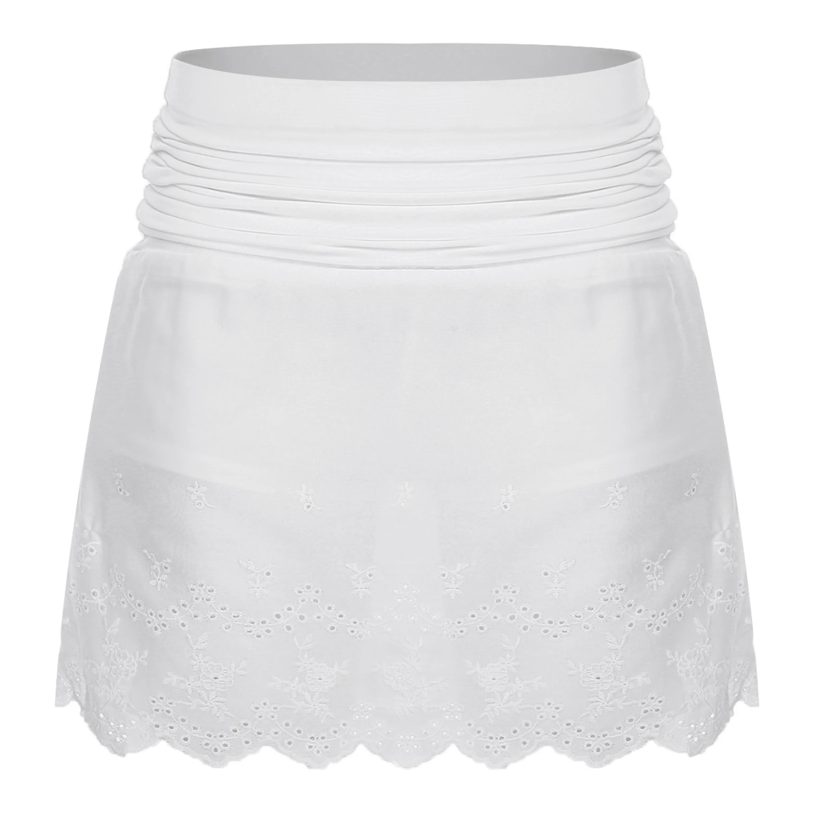 

Womens Embroidered Trim Miniskirt Ruched Waist Ruffled Hem Built-in Shorts Culottes Y2K Style Skirt for Daily Casual Vacation