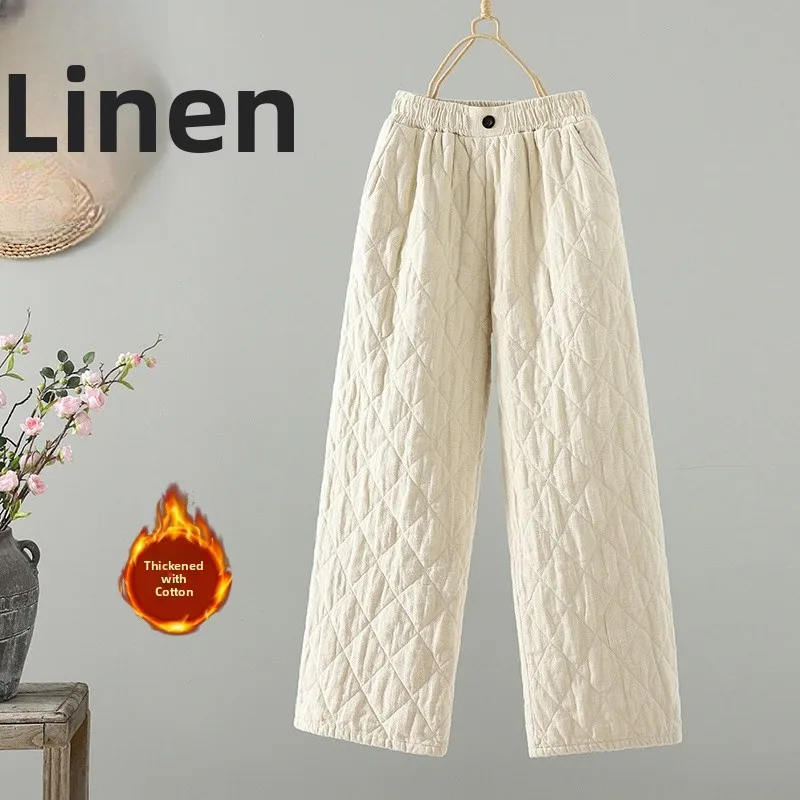 Warme Baumwoll-Leinen-Hose mit elastischem Bund, weites Bein, Rautenmuster, Winter, neue SLE-Hose in Übergröße für Damen mit lockerer Passform
