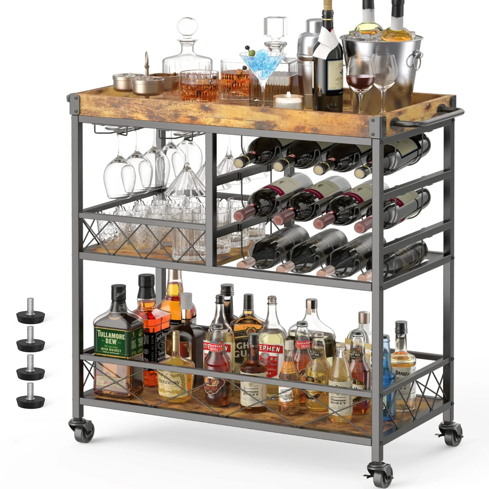 

Home Bar Serving Truck, 3-Tier Rolling Bar Truck With Removable Tray, Wine Rack & Glass Holder, Liquor Wine Truck