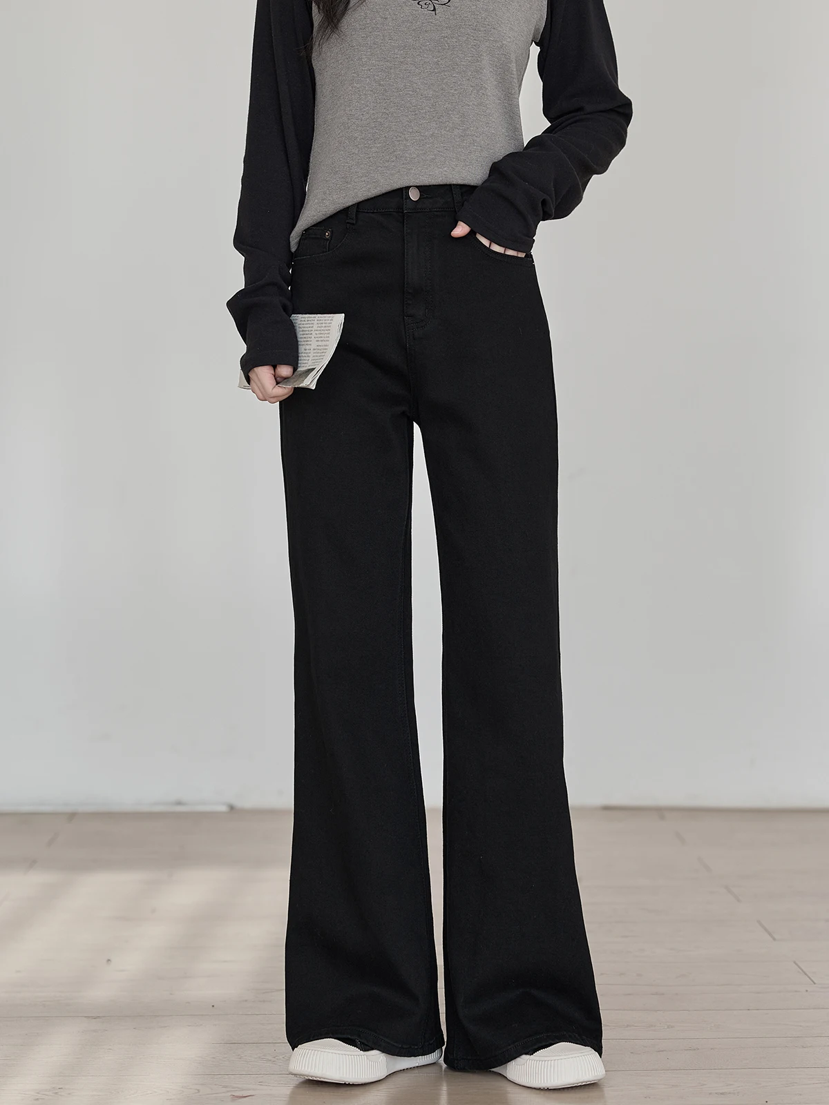 Black High Waist Wide Leg Jeans Women's Spring New Style Simple Match Slimming HUIXI Commute Style Washed Pure Color Daily Wear