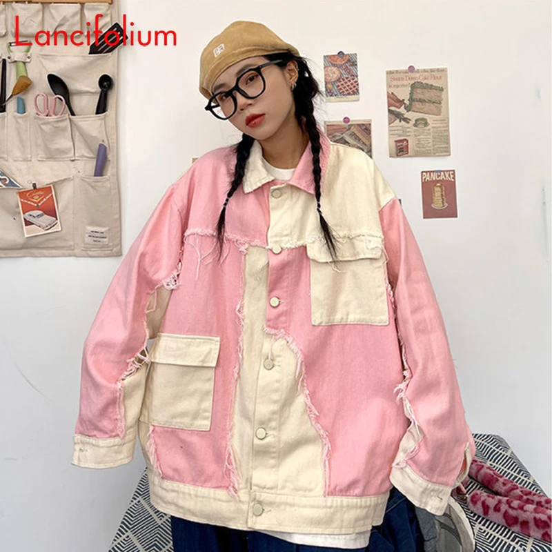 Pink Patchwork Contrast Baggy RETRO Denim Jacket Women 2023 Fall BF Vintage Oversized Tassel Streetwear Jeans Jacket Coat Top