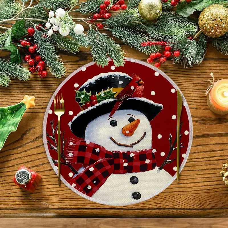 Wine Red Checkered Scarf, Snowman Circular Christmas Placemat, Wear-Resistant Plate Mat, Home Dining Table Decoration Placemat