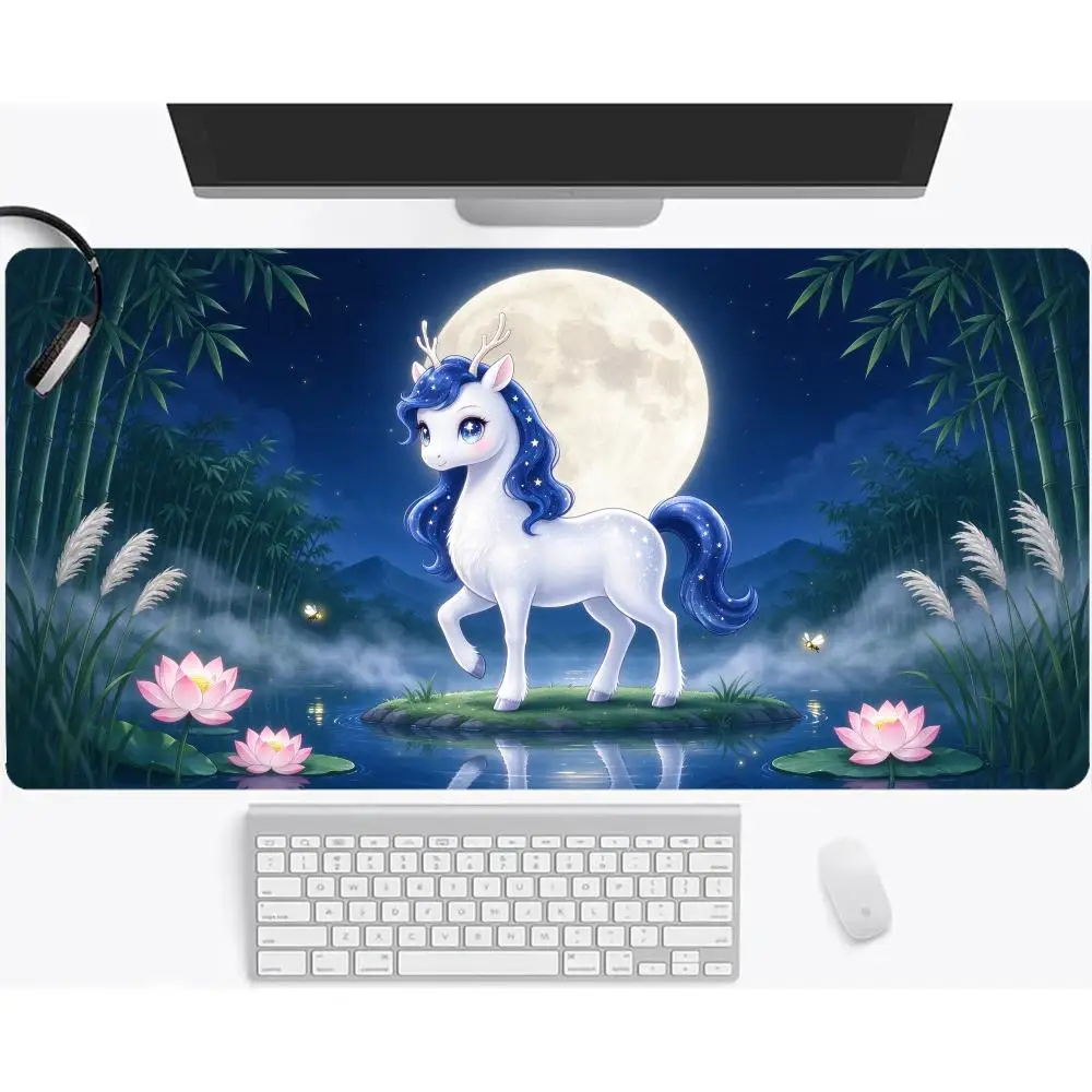 Moon Bamboo Pond Blue Mane Unicorn Desk Mat Thick Rubber Soft Cloth Surface Precision Tracking For Zen Style Gaming Decor