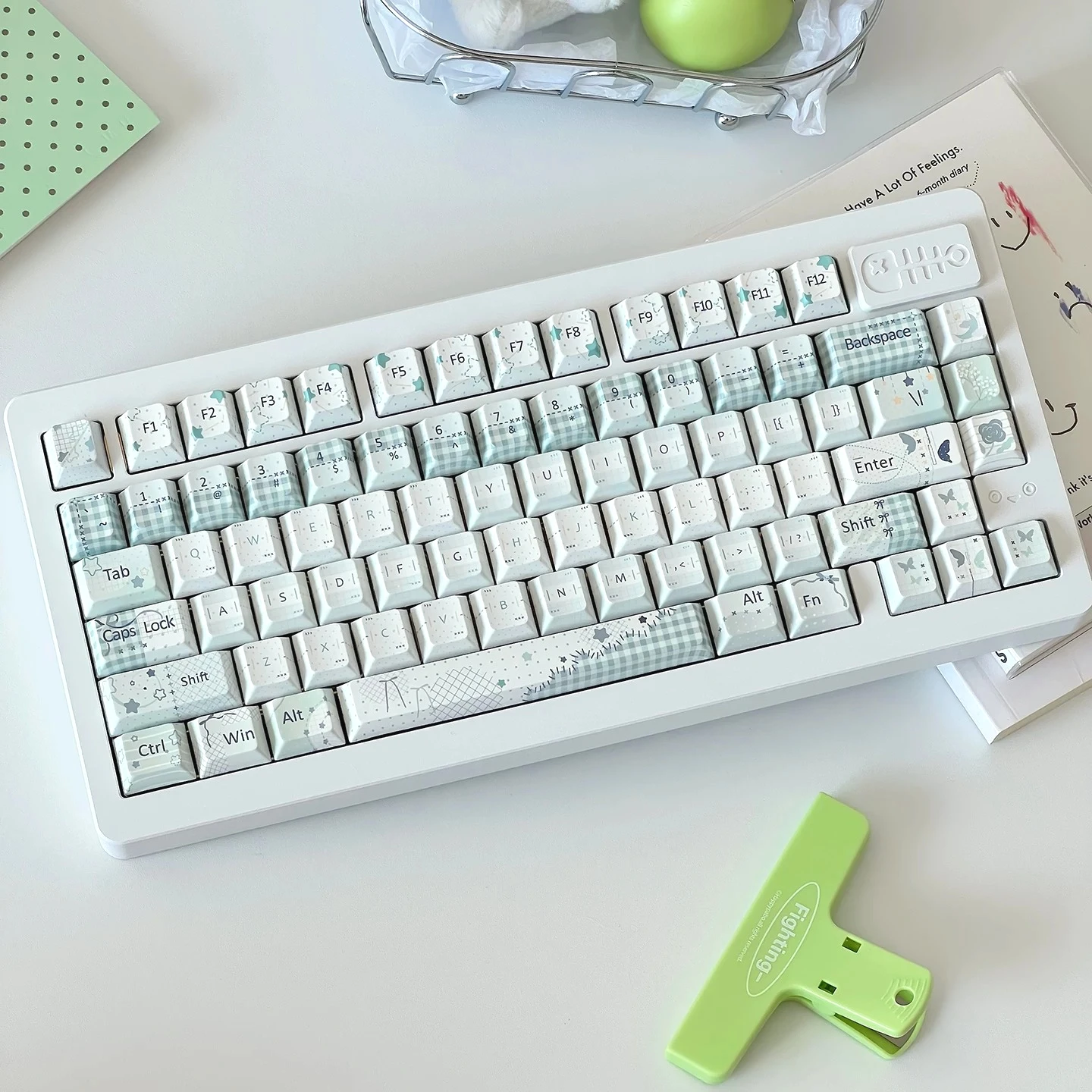 MAIMOOO Keycaps Asakusa Woven Dream Thermal Sublimation Cherry PBT Thermal Sublimation Light Green Simple Grid White Keycaps