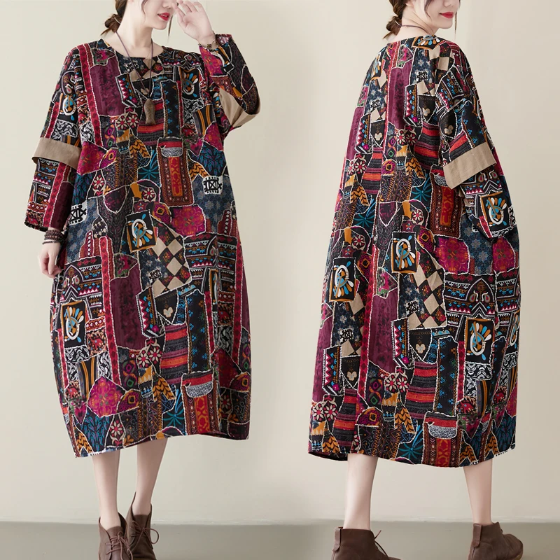 

Elegant Double Layer Sleeve Cotton Linen Women's plus Size Dress Ageless Artistic Vintage Style Comfortable Loose Fit Long Dress