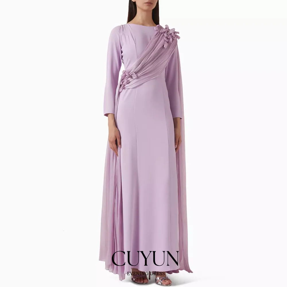 

CUYUN фиолетовое вечернее платье по индивидуальному заказу с цветами и длинными рукавами с круглым вырезом, женские вечерние банкетные платья, платье для выпускного вечера на свадьбу