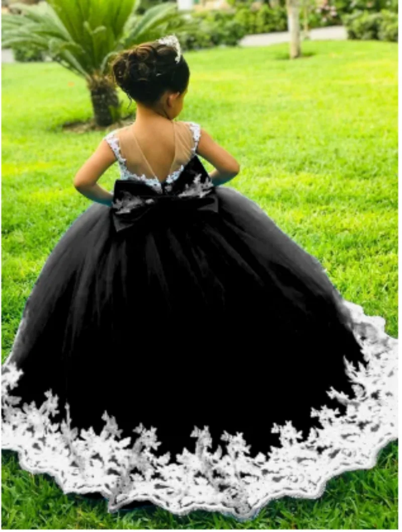 

New Black Tulle Flower Girl Dress for Wedding Appliques Princess First Communion Dresses Pageant Birthday Gown with Bow