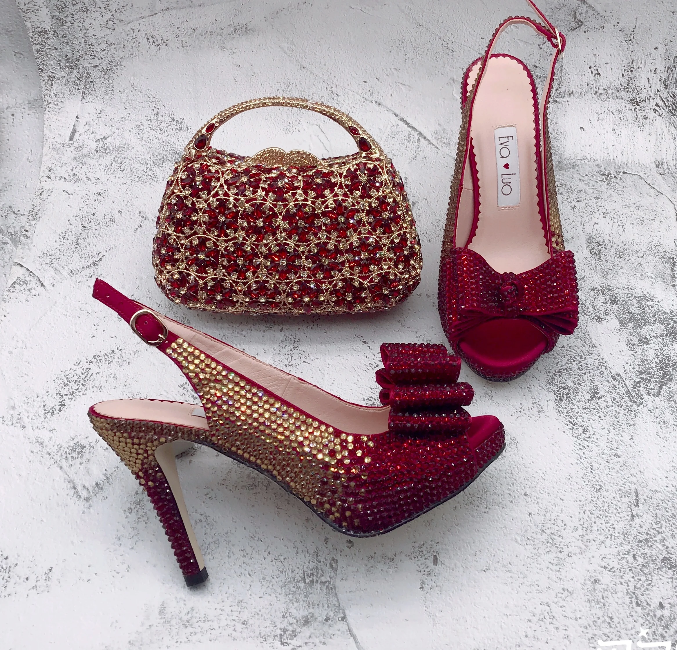 BS1689 Buty damskie wykonane na zamówienie Buty ślubne dla panny młodej Slingbacks Winered Gold Rhinestones Shoes with Matching Bag Set