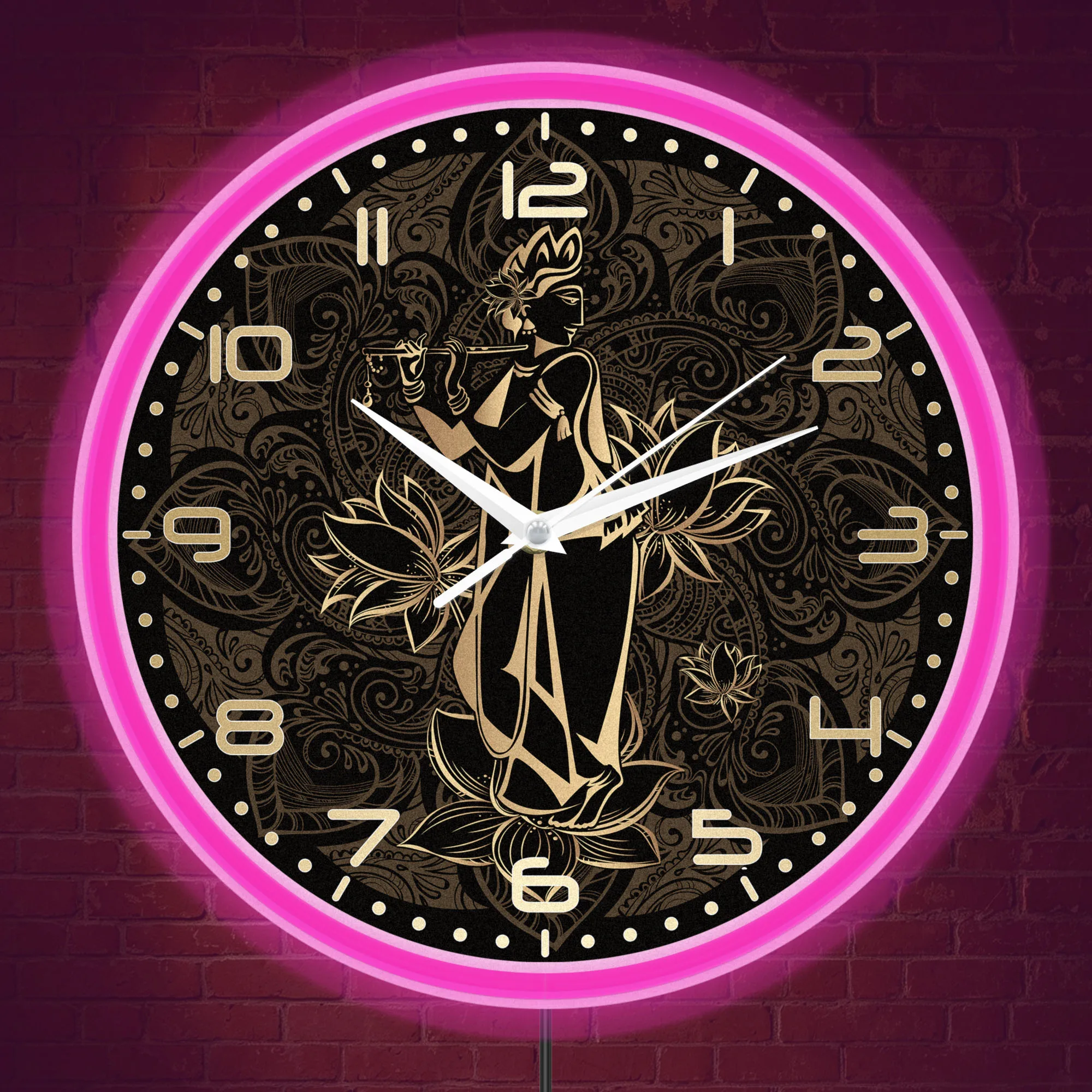 Golden Krishna Play Flute On Lotus Neon Wall Clock Glow in Dark Bohemian Hindu Home Decor LED Light Up Wall Clock Spiritual Gift