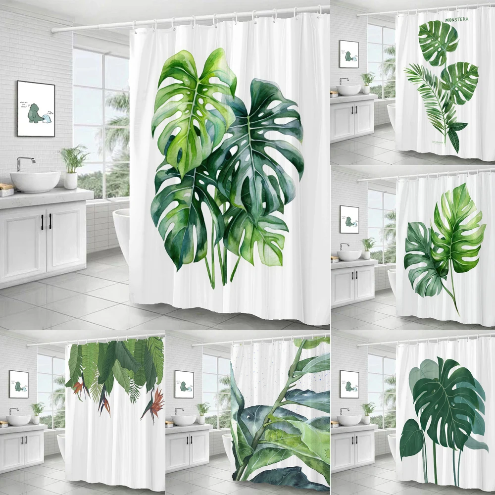 

Green Plants Shower Curtain Botanical Tropical Palm Leaf Modern Simple Printing Polyester Bathroom Decor Curtains With Hooks
