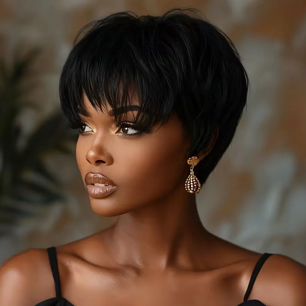 

Короткий прямой парик из 100% натуральных волос, стрижка пикси с челкой, машинная работа, парик из репродуктов волос Remy для повседневной носки чернокожими женщинами