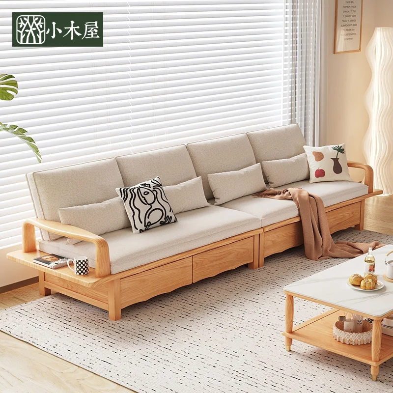 Nordic living room log color all solid wood fabric sofa pure ash wood storage new Chinese winter and summer