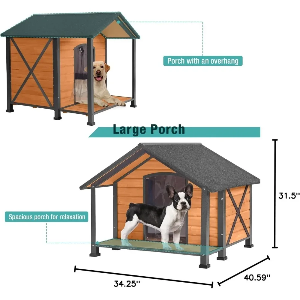 Outdoor Dog House with Insulated Liner Weatherproof Wooden Dog Shelter with Large Porch Pets Warm House