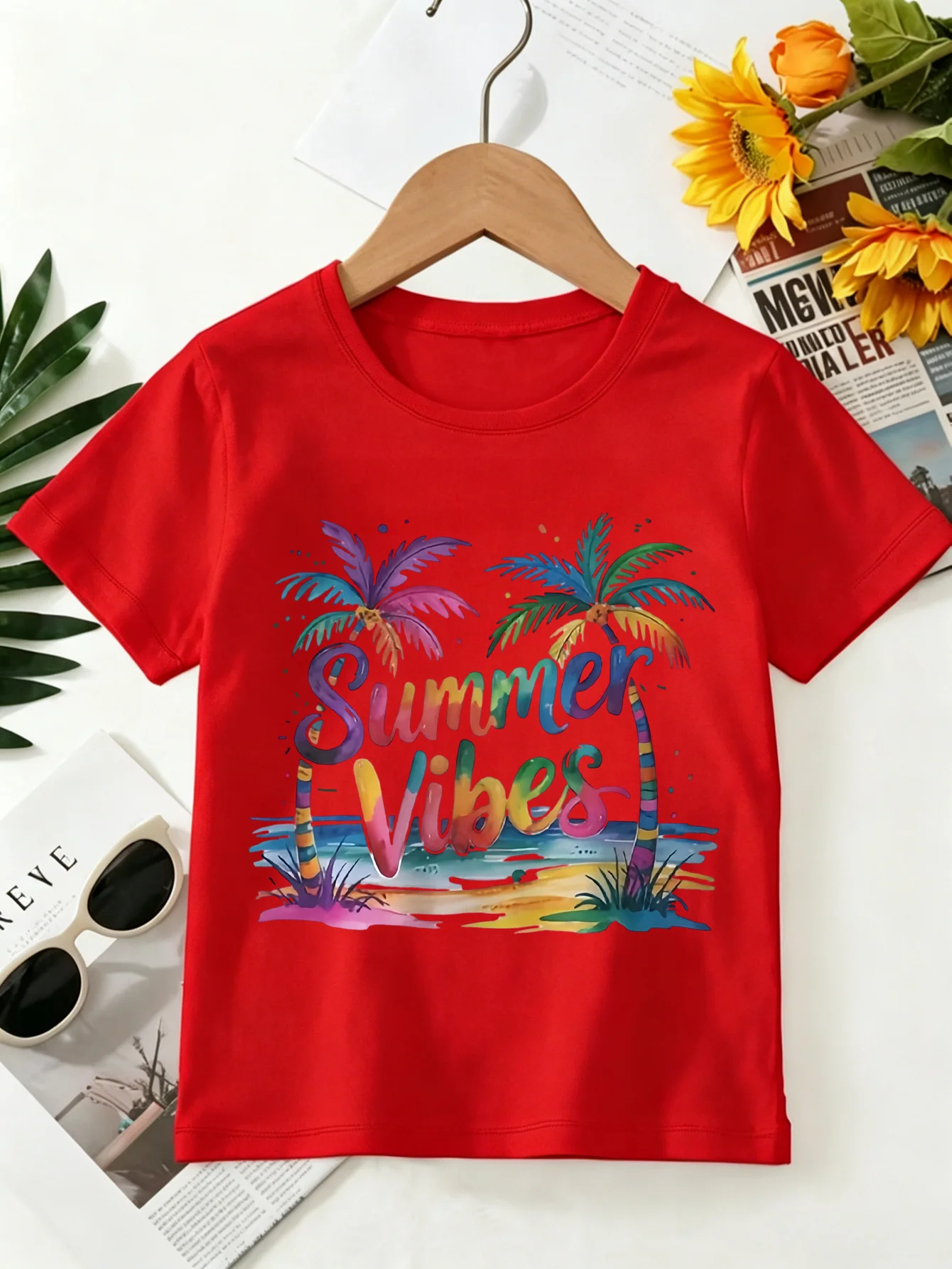 Summer Vibes Palm Tree Kids Tee Tropical Beach Print Boys Girls Family Matching Cotton Summer Short Sleeve Basic Children Tshirt
