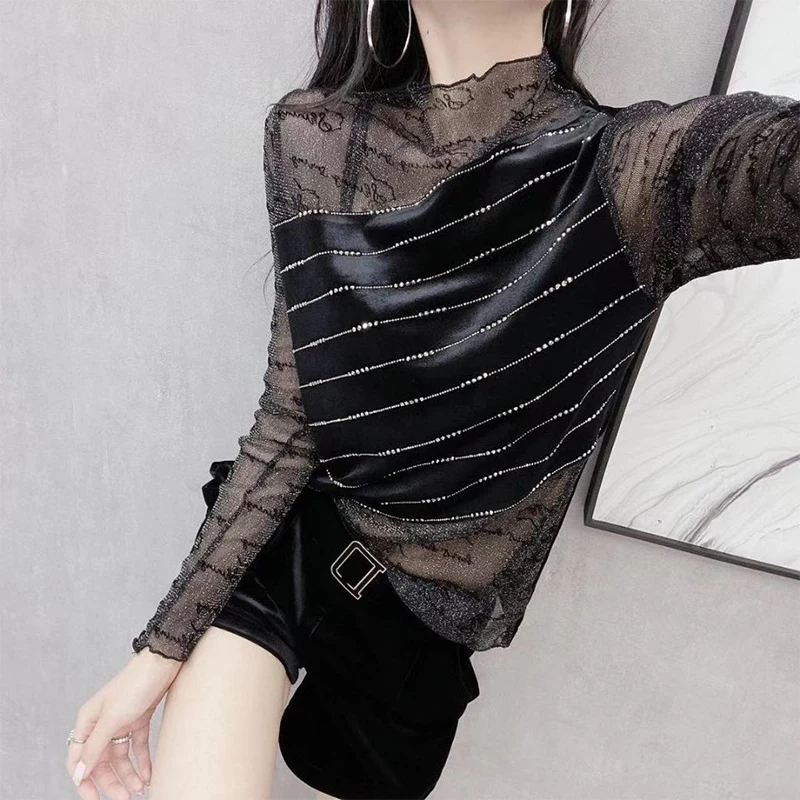 Spring Autumn Half High Collar Diamonds Patchwork T-shirt Ladies Sexy Perspective Slim Top Women Long Sleeve Tee Female Clothes