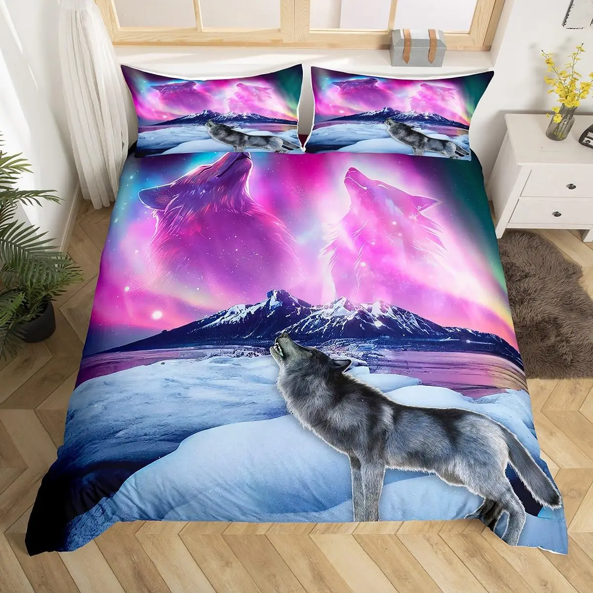 

Wild Animal Wolf Duvet Cover Full Queen Mountain Moon Wolf Bedding Set for Kids Men Teens Room Dorm Aurora Comforter Cover Set