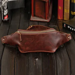 Vintage Crazy Horse Leather Chest Bag for Men Waist Pack Travel Sports Small Crossbody Sling Bag Fanny Packs Purses Chest Bag