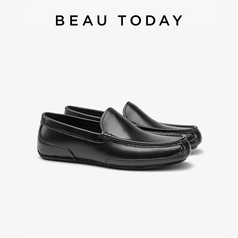BEAUTODAY Classical Loafers Men Calfskin Leather Solid Color Round Toe Sewing Slip-on Male Shoes Handmade 50155
