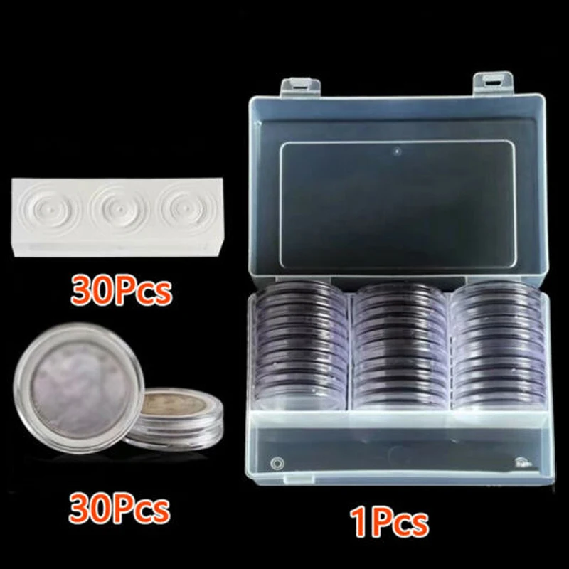 Set of 30 Clear Round Cases for Coin Storage Plastic Capsules Holder with Adjustable Inner Pads and Matching Pads