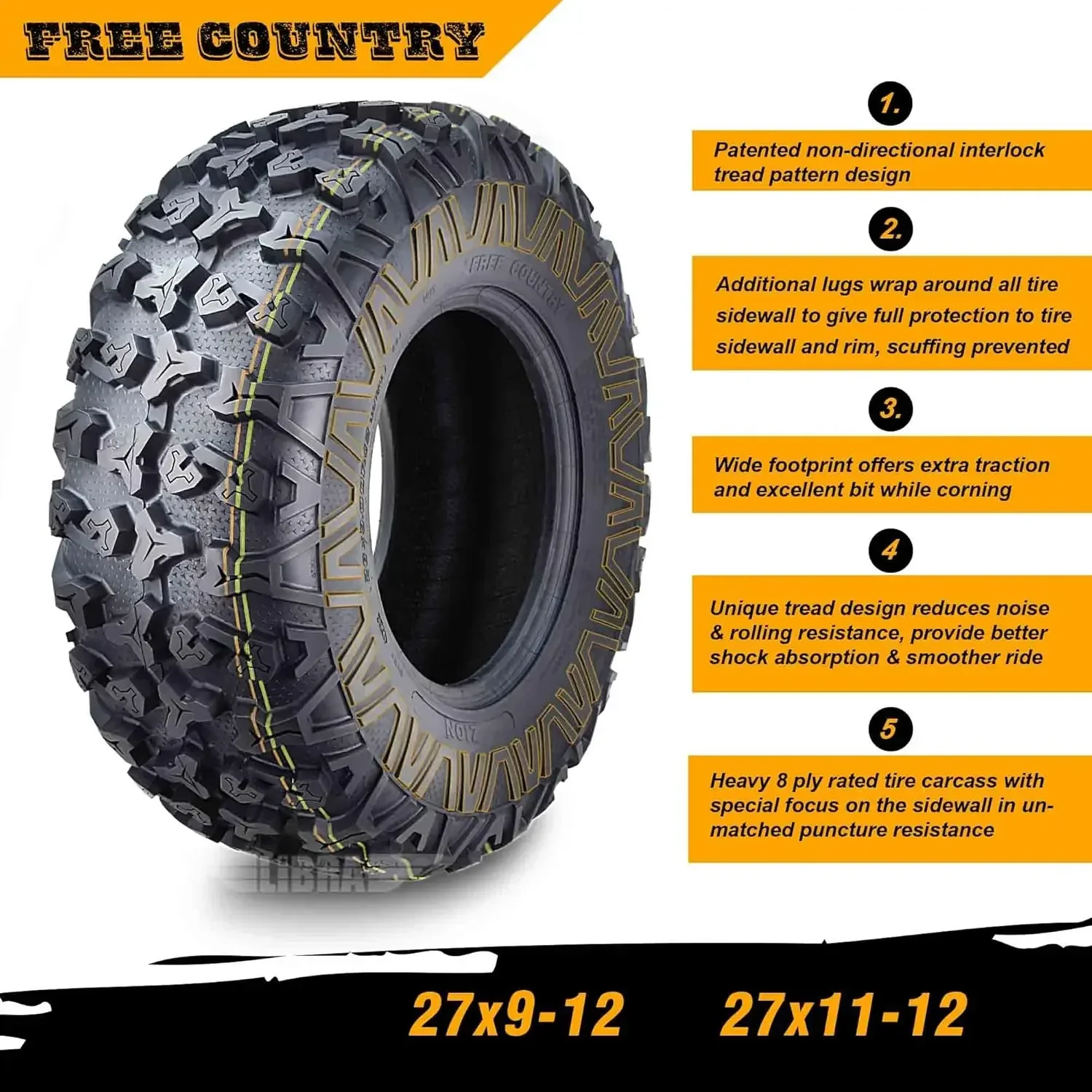 Set 4 HD 8PR UTV ATV Tires 27x9-12 & 27X11-12 w/Featured Full Side Lugs/Scuff Guard