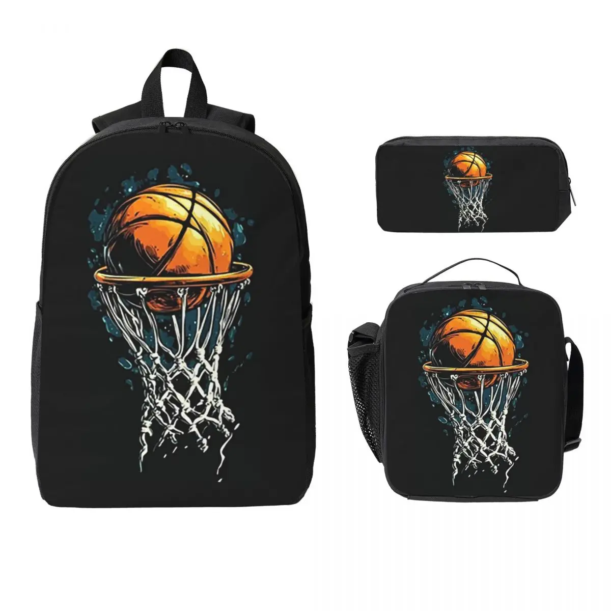 Sporty Basketball Themed Backpack Boys Girls BookBag School Bag Laptop Shoulder Bags 3ps Insulated Lunch Bag Pencil Case