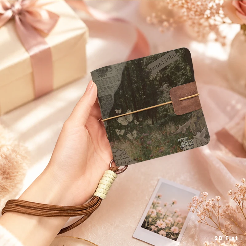 Dark Academia Woodland Butterfly Newspaper Print Mini Photo Book with Detachable Wrist Strap, PU Pocket Photo Holder for Mini Pr